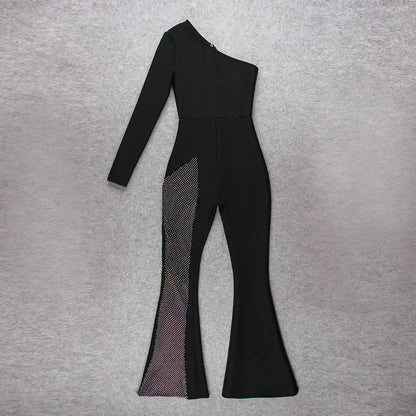 Schwarzer Ein-Schulter Asymmetrischer Strass-Bandagen-Jumpsuit