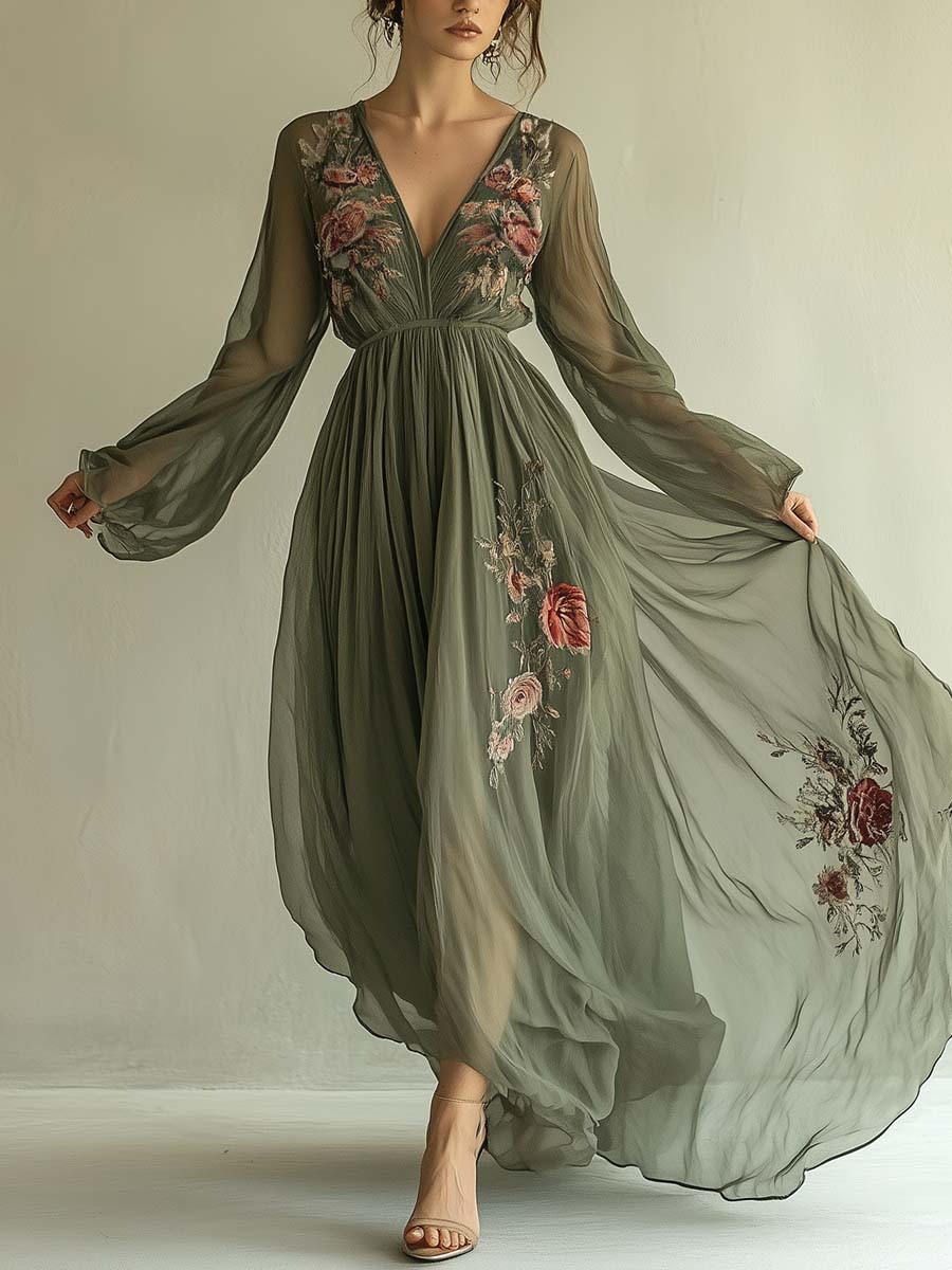 Popular Floral Print V-Neck Maxi Dress
