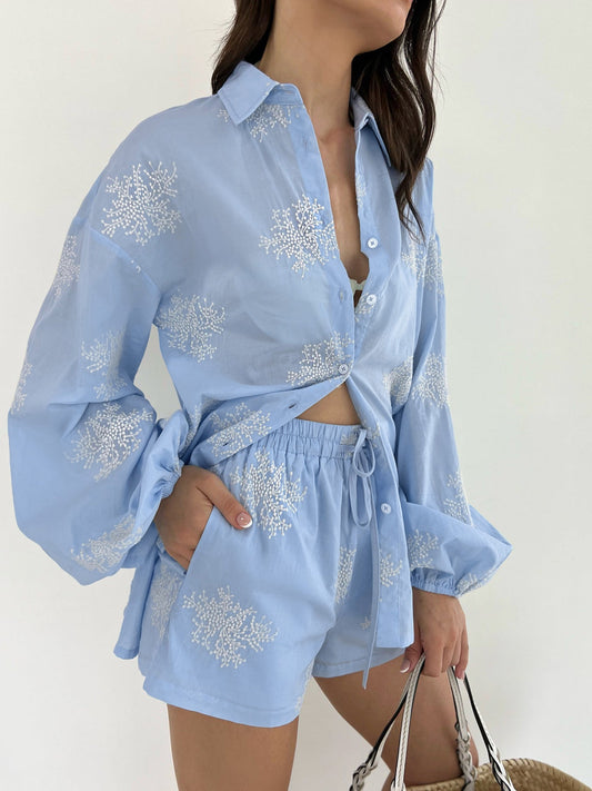 Pflanzenstickerei Legere Shorts Set