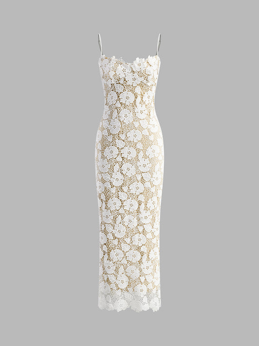 Semi-transparent Doppel-Lagen Spitzen-Cami-Kleid