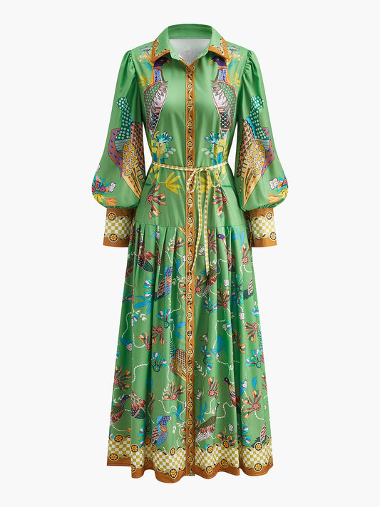 Boho Langärmliges Knopf Blütenkleid