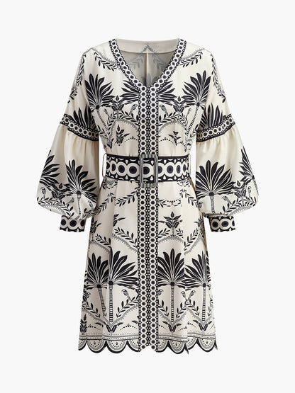 Boho-Print V-Ausschnitt Gürtelkleid