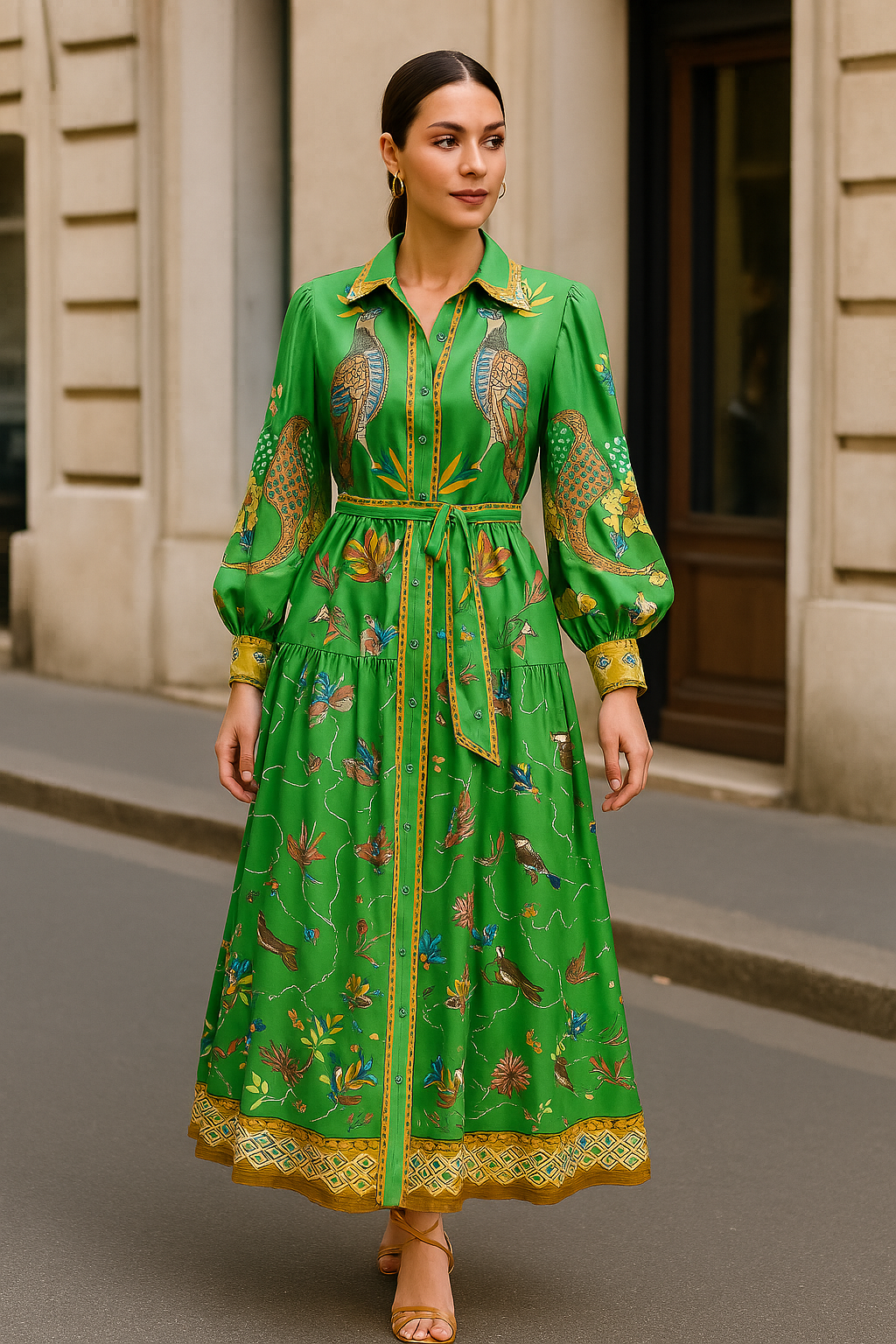 Boho Langärmliges Knopf Blütenkleid