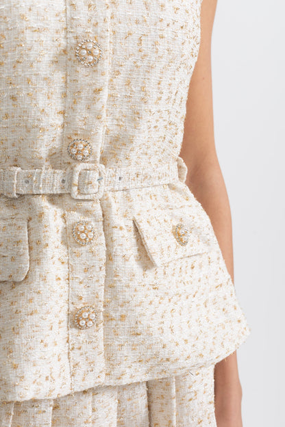 Lamya- Ärmelloses strukturiertes Minikleid mit plissiertem Rock und Taillengürtel - Elfenbein