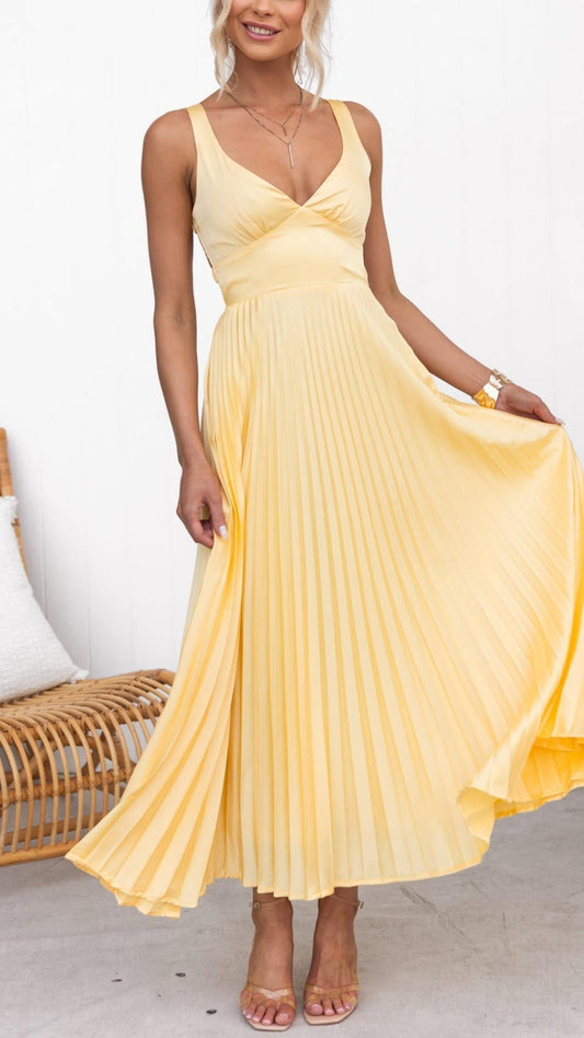 Zita™ - Gelbes Plissiertes V-Ausschnitt Maxikleid