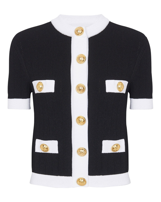 Schwarz-weiße Kurzarm-Rippstrick-Jacke mit goldenen Knöpfen
